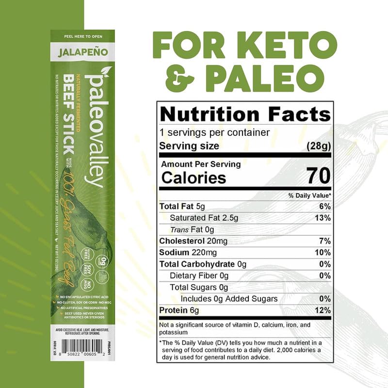 Paleovalley 100% Grass Fed Jalapeno Beef Sticks - Delicious Gluten Free Beef Snack - High Protein Keto Friendly Paleovalley uk supplements