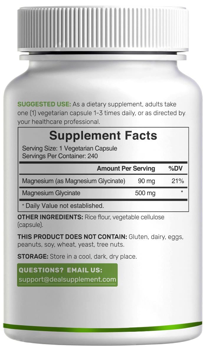 Deal Supplement Magnesium Glycinate 500mg, 240 Veggie Capsules | 100% Chelated for Easy Absorption | Essential Mineral Supplement | Non-GMO, Gluten-Free DEAL SUPPLEMENT uk supplements