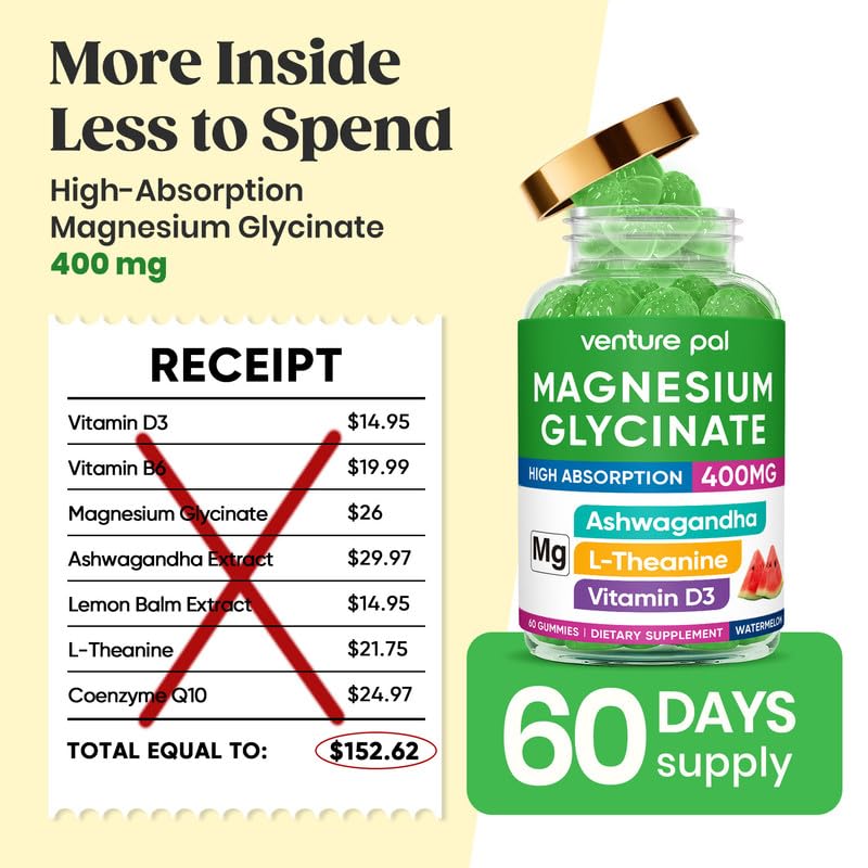 60 Day Supply Magnesium Glycinate 400mg Gummies with Ashwagandha, L-Theanine, CoQ10, Vitamin D3 & B6, Sugar Free Magnesium Gummies for Adults & Kids, Stress Relief, Sleep & Calm, Vegan, Gluten Free Venture Pal uk supplements