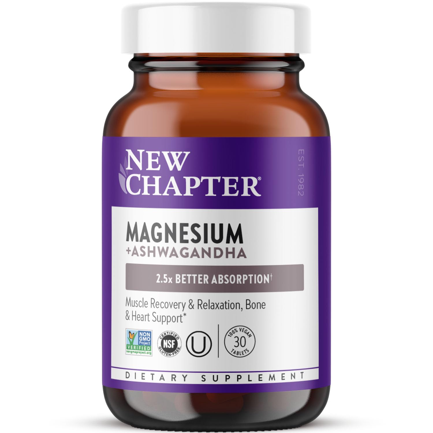 New Chapter Magnesium + Ashwagandha Supplement, 325 mg with Magnesium Glycinate for Muscle Relaxation & Recovery, Heart, Nerve & Bone Health, 2.5X Absorption, Non-GMO - 30 ct (1 Month Supply) New Chapter uk supplements