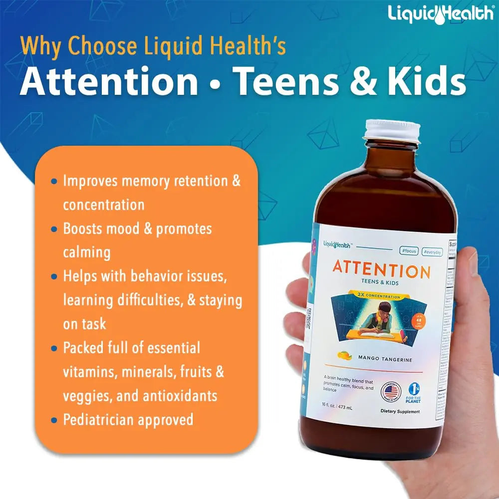 LIQUIDHEALTH Attention, Liquid Multivitamin for Kids & Teens - Improves Memory Retention, Concentration, Focus, Mood, Relaxation & Calming LIQUIDHEALTH uk supplements