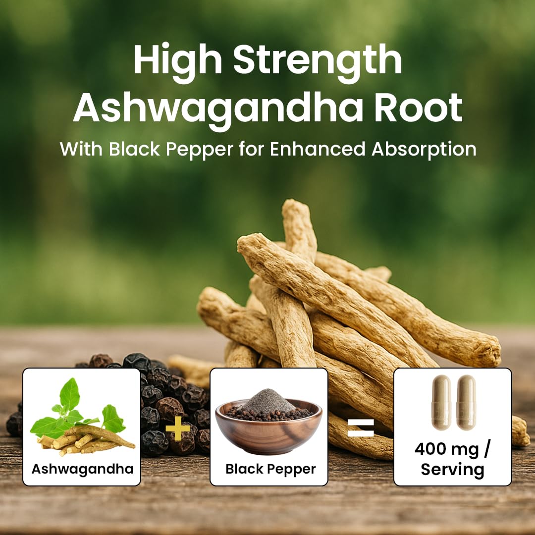 NooMost Organic Ashwagandha 400mg Capsules w/Black Pepper Extract as Vegan Ashwagandha Supplements for Anti Stress Relief, Natural Mood Support, Energy & Focus-60 Capsules NooMost uk supplements