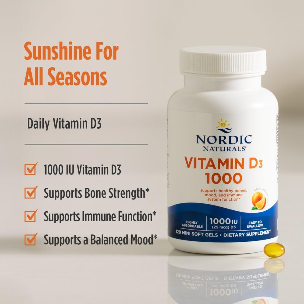 Nordic Naturals Vitamin D3 1000, Orange - 120 Mini Soft Gels - 1000 IU Vitamin D3 - Supports Healthy Bones, Mood & Immune System Function - Non-GMO - 120 Servings Nordic Naturals uk supplements