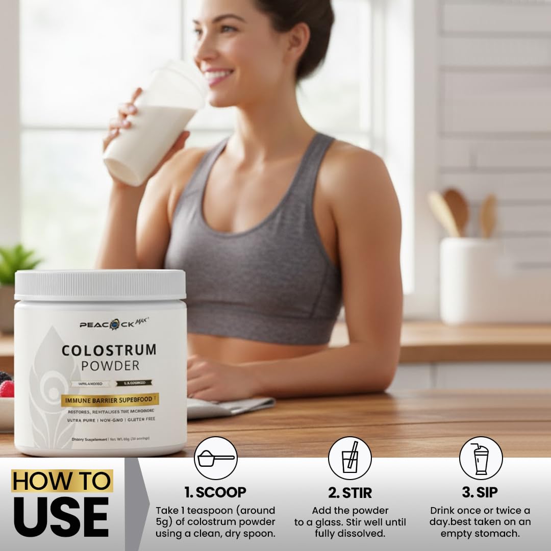 Peacock Max Colostrum Powder – 60g (30 Servings), Unflavored Bovine Colostrum Supplement, Superfood for Hair, Skin & Gut Health, Gluten-Free, Non-GMO Peacock Max uk supplements