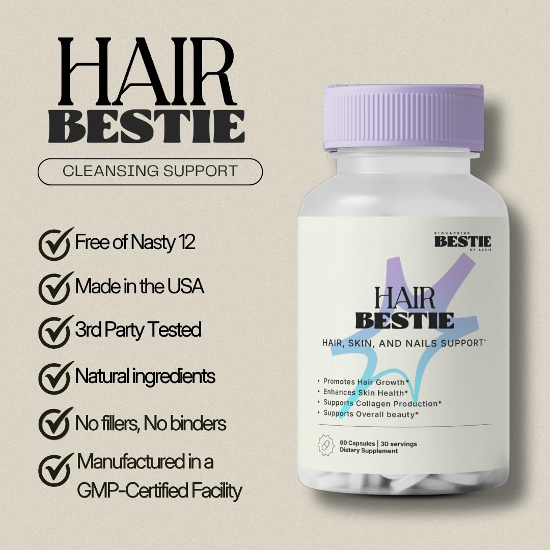 Biohacking Bestie Hair Bestie for Women & Men - Hair Growth Supplement with Biotin, Collagen, Vitamin B5, & Keratin, Support for Skin Health & Nails - 60 Capsules Biohacking Bestie uk supplements