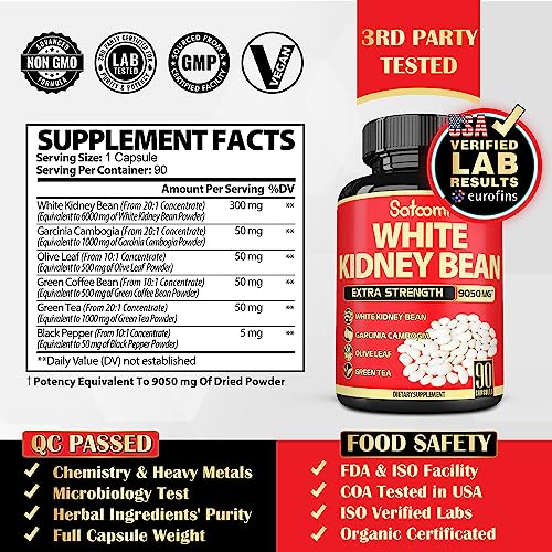 Pure White Kidney Bean Extract Capsules - 6 Herbal Ingredients 9050 mg Equivalent Satoomi uk supplements