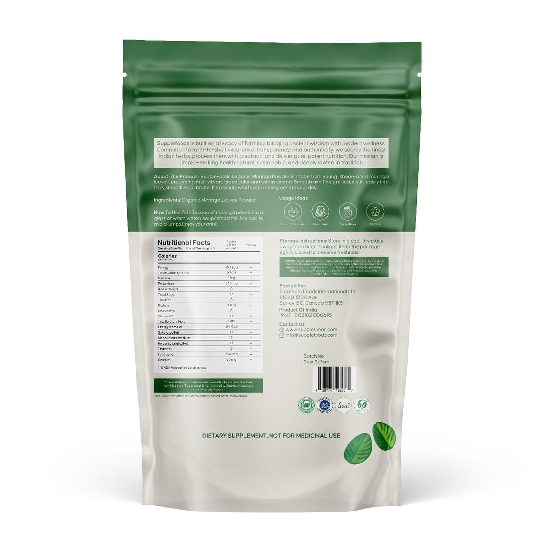 supplefoods Organic Moringa Powder 200 g / 7.05 oz | 100% Natural Green Superfood | Assists Digestion & Daily Detox | Finely Milled Moringa Leaf Powder | USDA Certified Organic Dietary Supplement supplefoods uk supplements