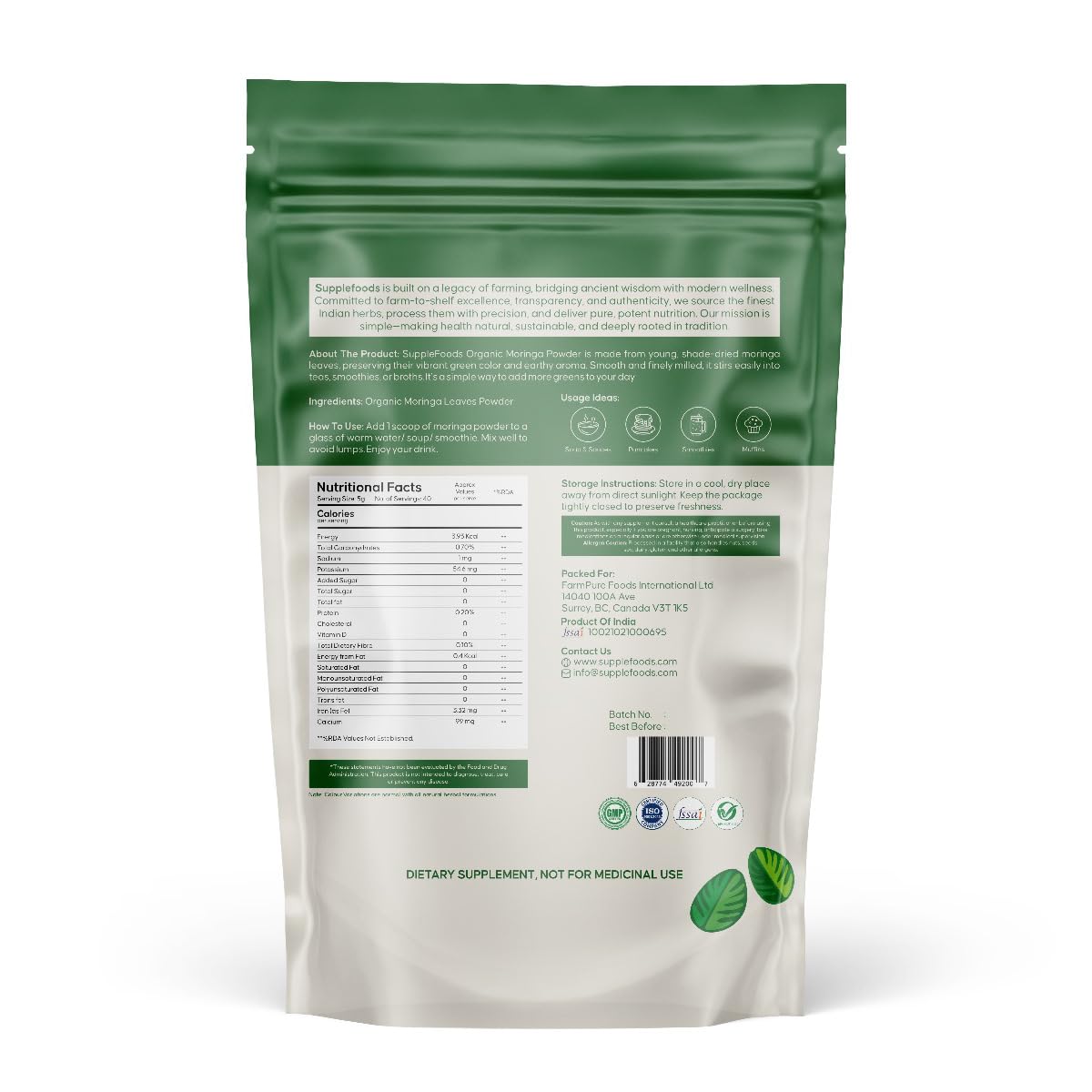 supplefoods Organic Moringa Powder 200 g / 7.05 oz | 100% Natural Green Superfood | Assists Digestion & Daily Detox | Finely Milled Moringa Leaf Powder | USDA Certified Organic Dietary Supplement supplefoods uk supplements