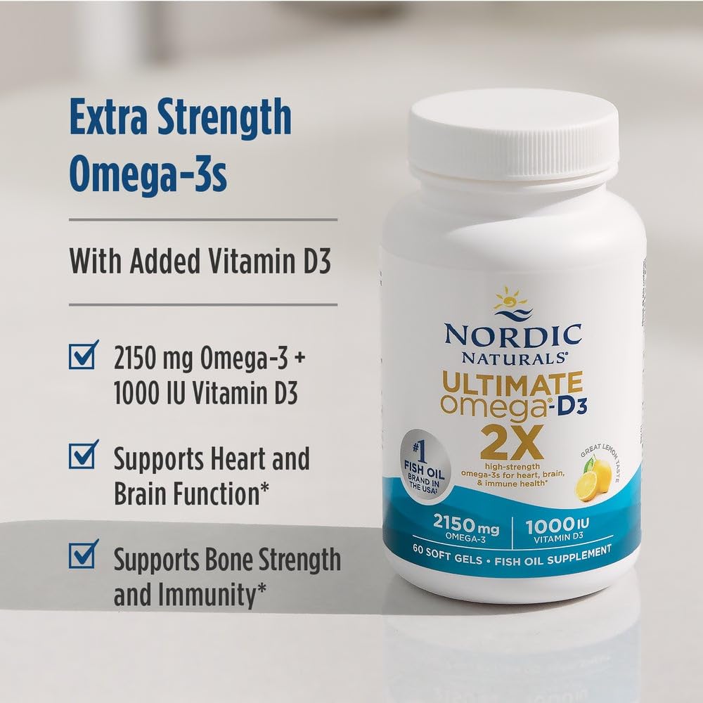 Nordic Naturals Ultimate Omega 2X with Vitamin D3, Lemon Flavor - 60 Soft Gels - 2150 mg Omega-3 + 1000 IU D3 - EPA & DHA - Brain, Heart, & Immune Health - 30 Servings Nordic Naturals uk supplements
