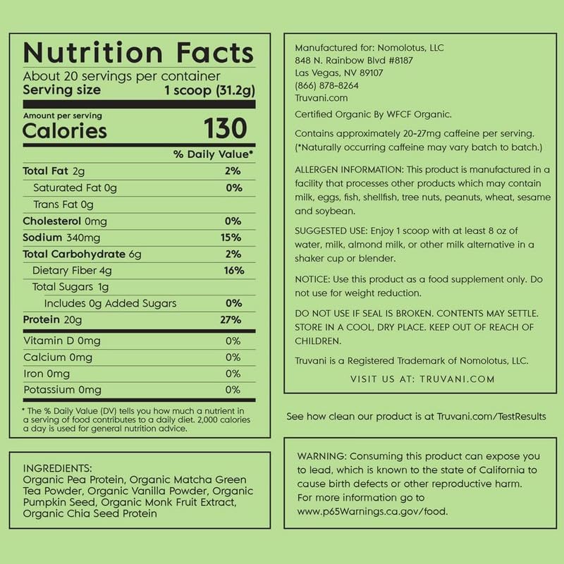 Truvani Organic Vegan Protein Powder Matcha - 20g of Plant Based, Organic Protein Truvani uk supplements