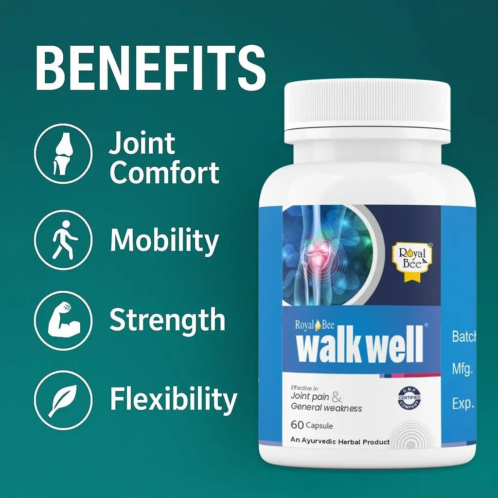 Royal Bee Walkwell Capsules – 60 Capsules – Supports Joint Pain & Inflammation Relief · Useful in Osteoarthritis · Promotes Flexibility & Mobility · Clinically Studied Herbal Ingredients Generic uk supplements