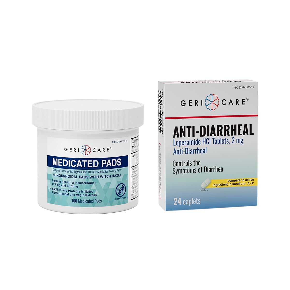 GeriCare Anti-Diarrheal Caplets 24 Count & Medicated Pads of Witch Hazel 50% 100 Count Bundle – Fast Relief for Diarrhea, Soothing Medicated Pads for Irritation, Digestive Support & Travel GeriCare uk supplements