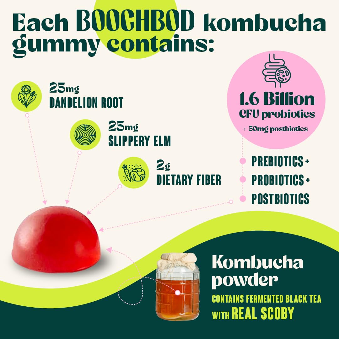 BoochBod - Probiotic Kombucha Gummy - Prebiotics, Probiotics, Postbiotics, Fiber Supplement, Slippery Elm, Dandelion Root, MCT Oil, for Bloating, Gut Health - Probiotics for Women and Men BoochBod uk supplements