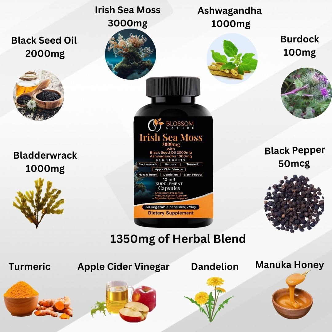 10-in-1 Irish Sea Moss Veggie Caps 3000mg Black Seed Oil Ashwagandha Bladderwrack Burdock Turmeric Apple Cider Vinegar Manuka Honey Dandelion Black Pepper - Made in US(Veggie Caps, Unflavored) Blossom Nature uk supplements