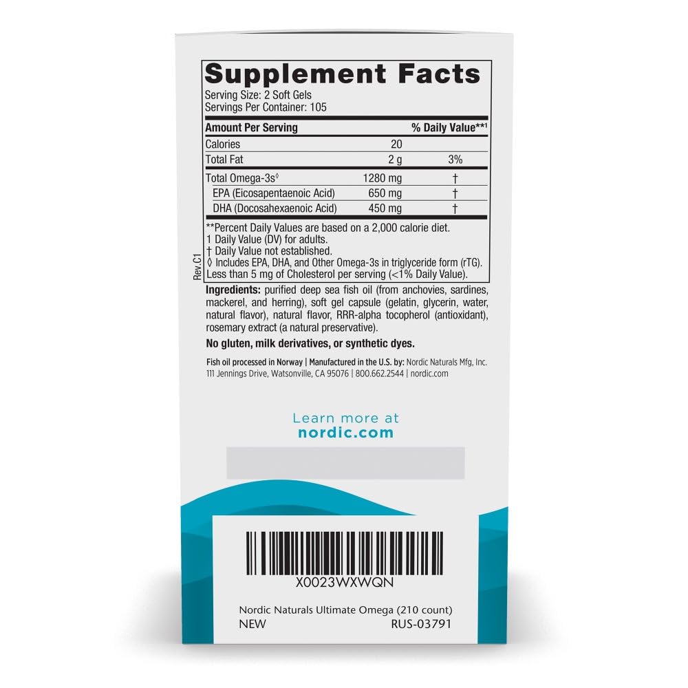 Nordic Naturals Ultimate Omega, Lemon Flavor - 210 Soft Gels - 1280 mg Omega-3 - High-Potency Fish Oil with EPA & DHA - Promotes Brain & Heart Health - Non-GMO - 105 Servings Nordic Naturals uk supplements