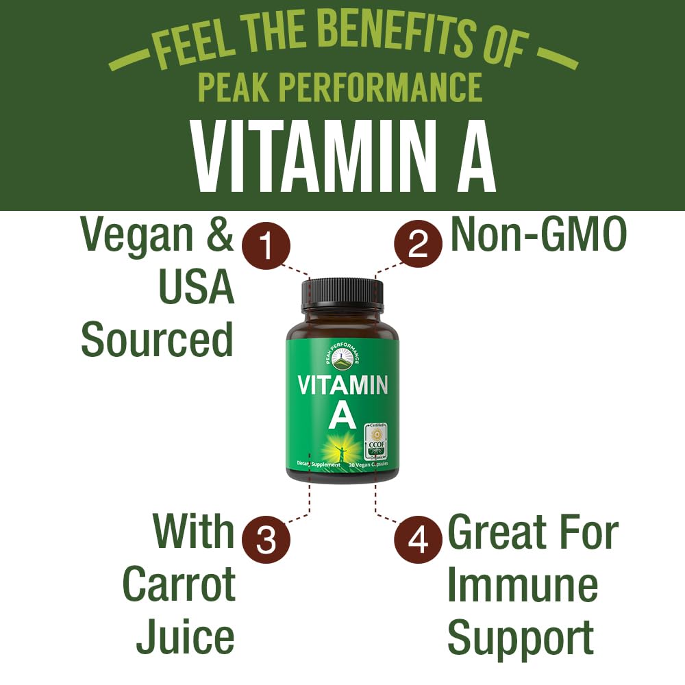 Certified Organic Vitamin A 5000 IU Supplement Capsules High Potency Vitamins. for Adults, Men, Women, Kids. Made with Carrot Juice. Great for Immune, Skin, Eye Support. Non GMO, Vegan Pills Peak Performance uk supplements