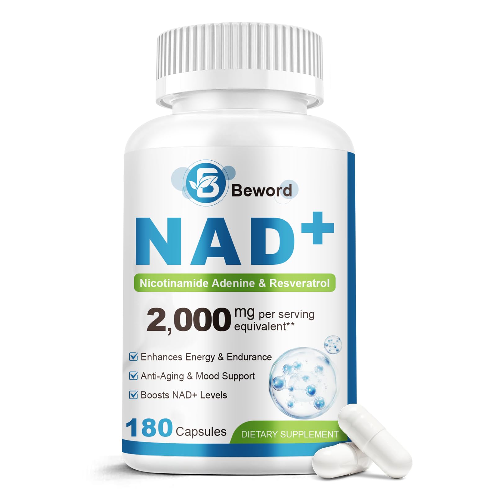 BEWORD Liposomal NAD 2000 Mg, 180 Capsules, 4-in-1 Formula with Liposomal NAD, Trans-Resveratrol, Non-GMO | Energy Support BEWORD uk supplements