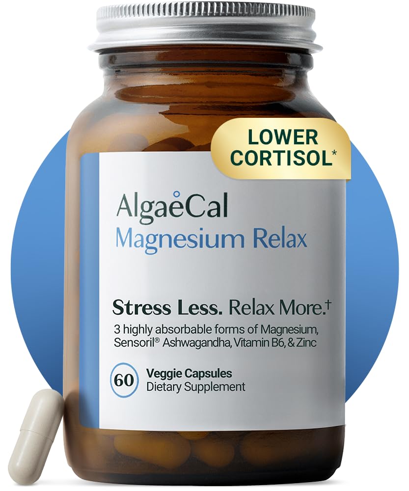 AlgaeCal Magnesium Relax™ - Chelated Magnesium with Ashwagandha for Sleep & Occasional Anxiety - Glycinate, Malate, Citrate - Sleep, Mood, & Cortisol Support (60 Caps - 1 Month Supply) ALGAECAL uk supplements