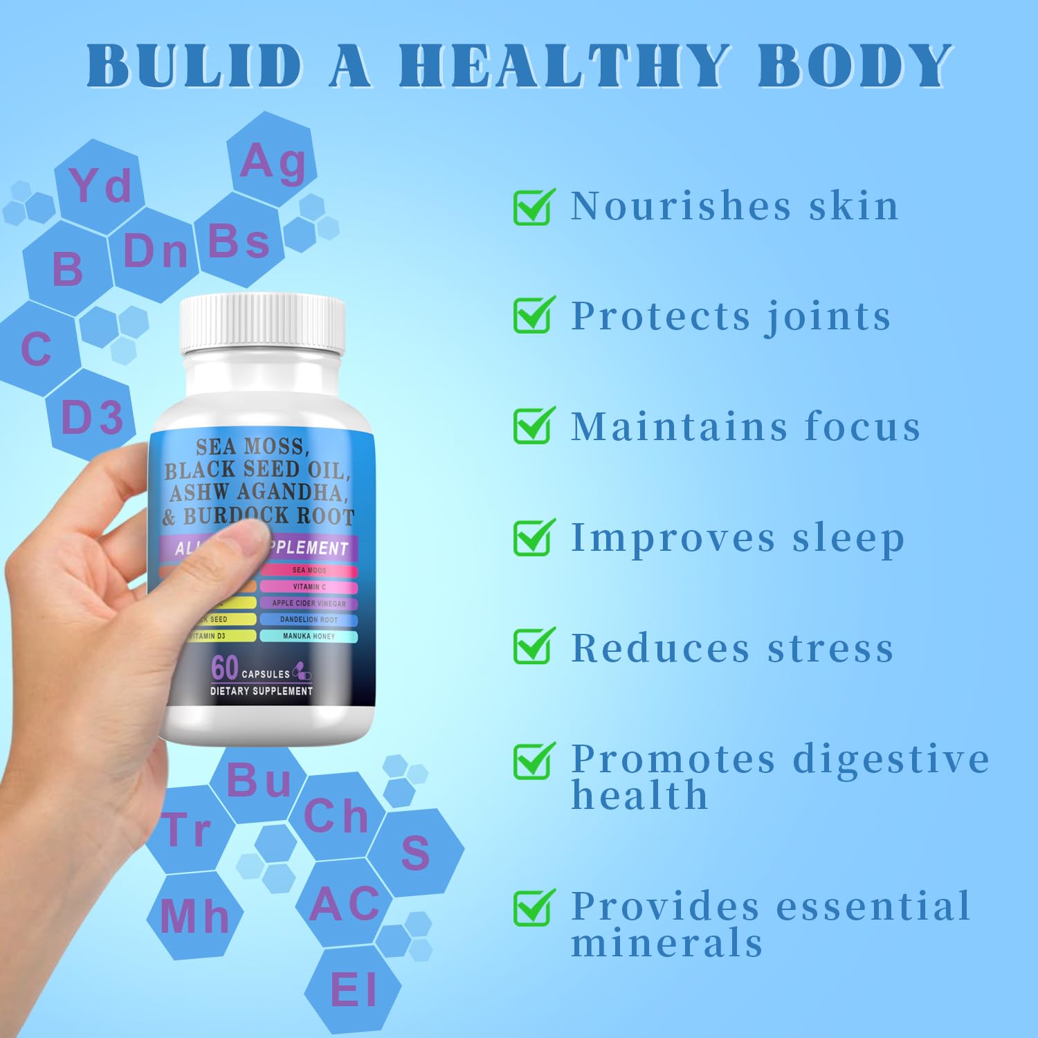 Pyzor Sea Moss Black Seed Oil Ashwagandha Turmeric Bladderwrack Burdock, Elderberry Manuka Dandelion, Burdock Root Turmeric Vitamin D3 Chlorophyll - 60 Capsules Pyzor uk supplements