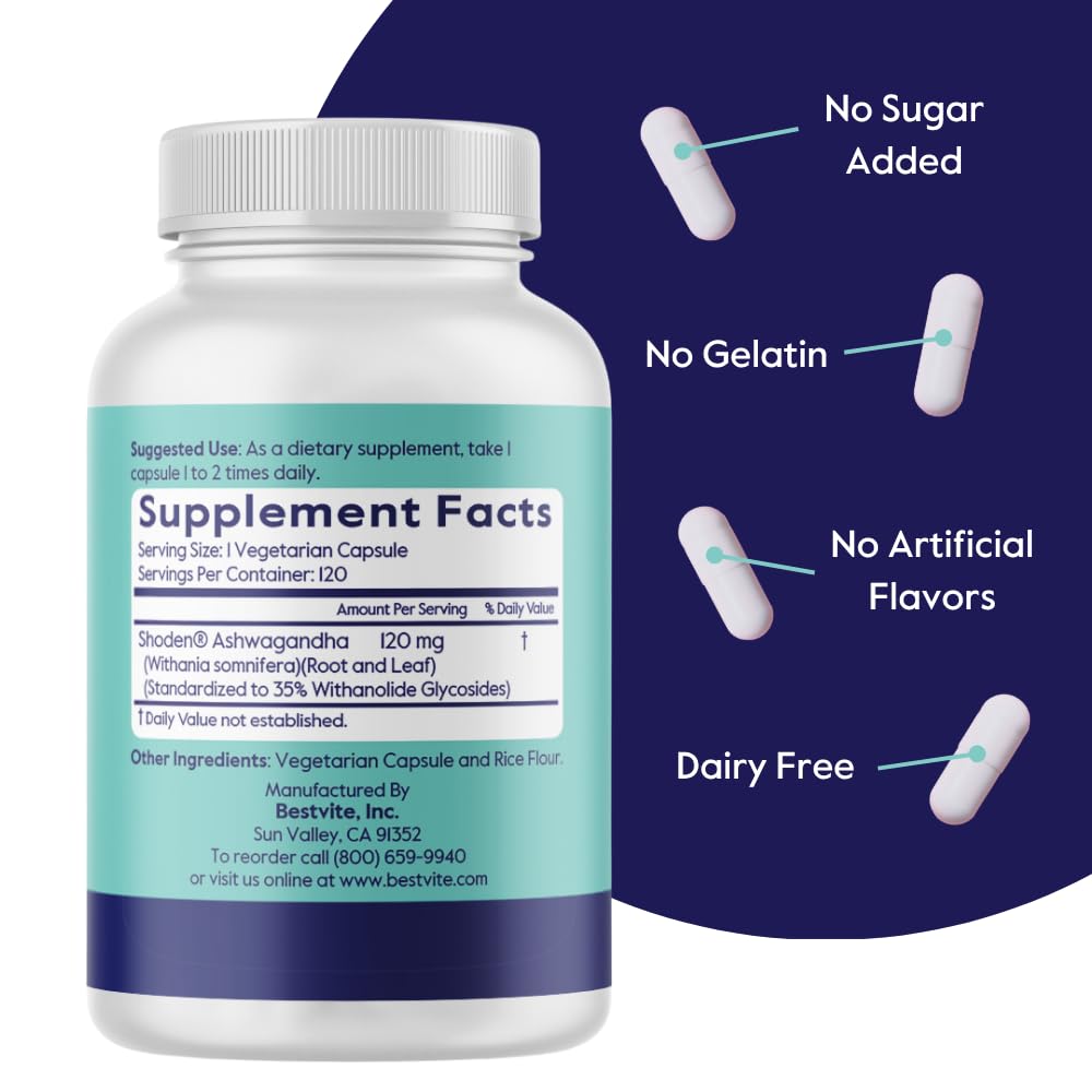BESTVITE Advanced Ashwagandha 120mg w/Shoden (120 Vegetarian Capsules) - Clinically Studied Containing Industry Leading 35% Withanolide Glycosides - No Stearates - Vegan - Non GMO - Gluten Free BESTVITE uk supplements
