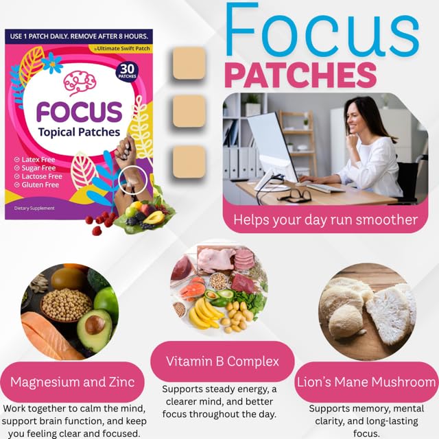 Swift Patch Focus Patch for Adults (30 Day Supply) + Proprietary Blend (Men and Women) - Help Kids and Adults Focus with Patches 22 Ingredients with Proprietary Formula Ultimate Swift Patch uk supplements