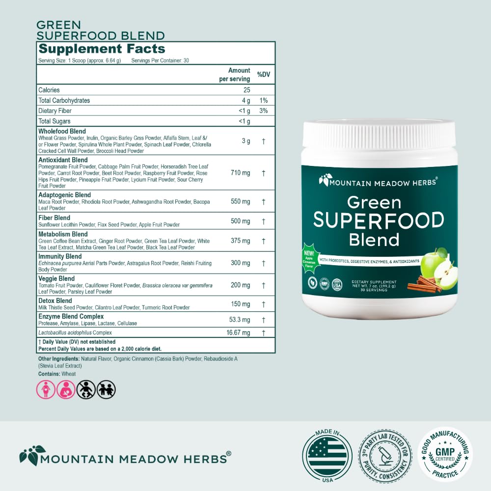 Mountain Meadow Herbs Green Superfood Blend – Spirulina, Chlorella, Mushrooms, Probiotics, Digestive Enzymes, Antioxidants – Organic Greens Powder for Energy & Gut Health – 30 Servings Mountain Meadow Herbs uk supplements
