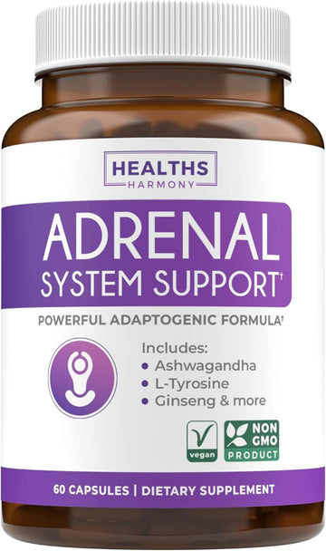 Adrenal System Support & Cortisol Manager (2 Month Supply) Powerful Ashwagandha & L-Tyrosine Fatigue Supplement - Maintain Balanced Cortisol Levels, Health, & Stress Relief - Non-GMO - 60 Capsules Healths Harmony uk supplements