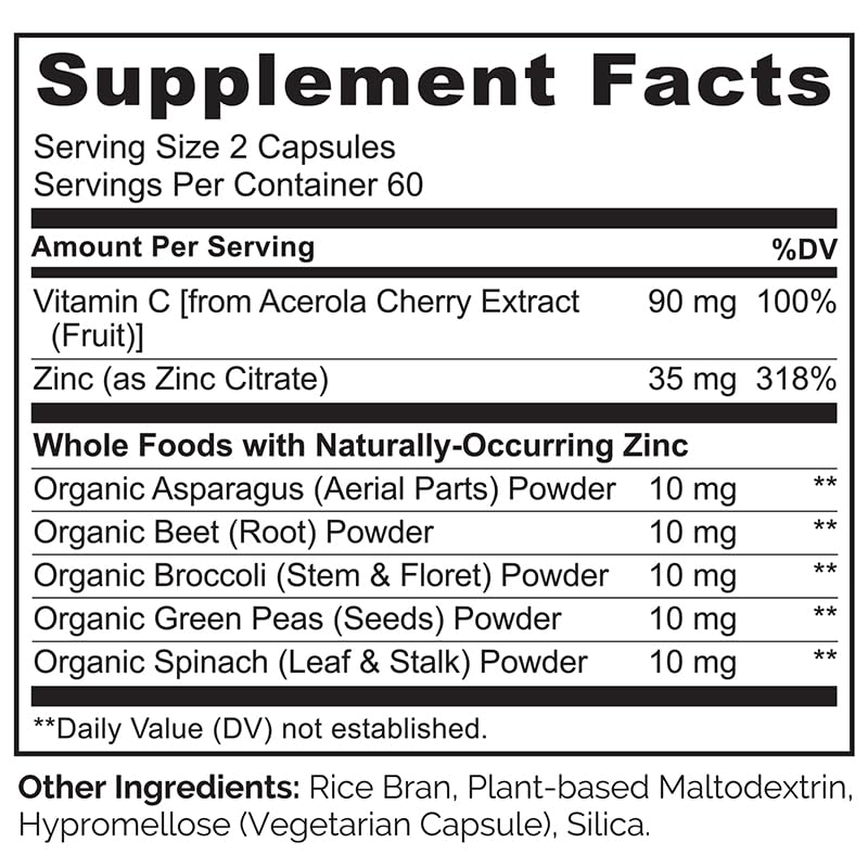 NATURELO Vegan Zinc Immune Support Capsules - Whole Food Complex with Vitamin C for Healthy Skin, Hair, and Nails - 120 Capsules NATURELO uk supplements