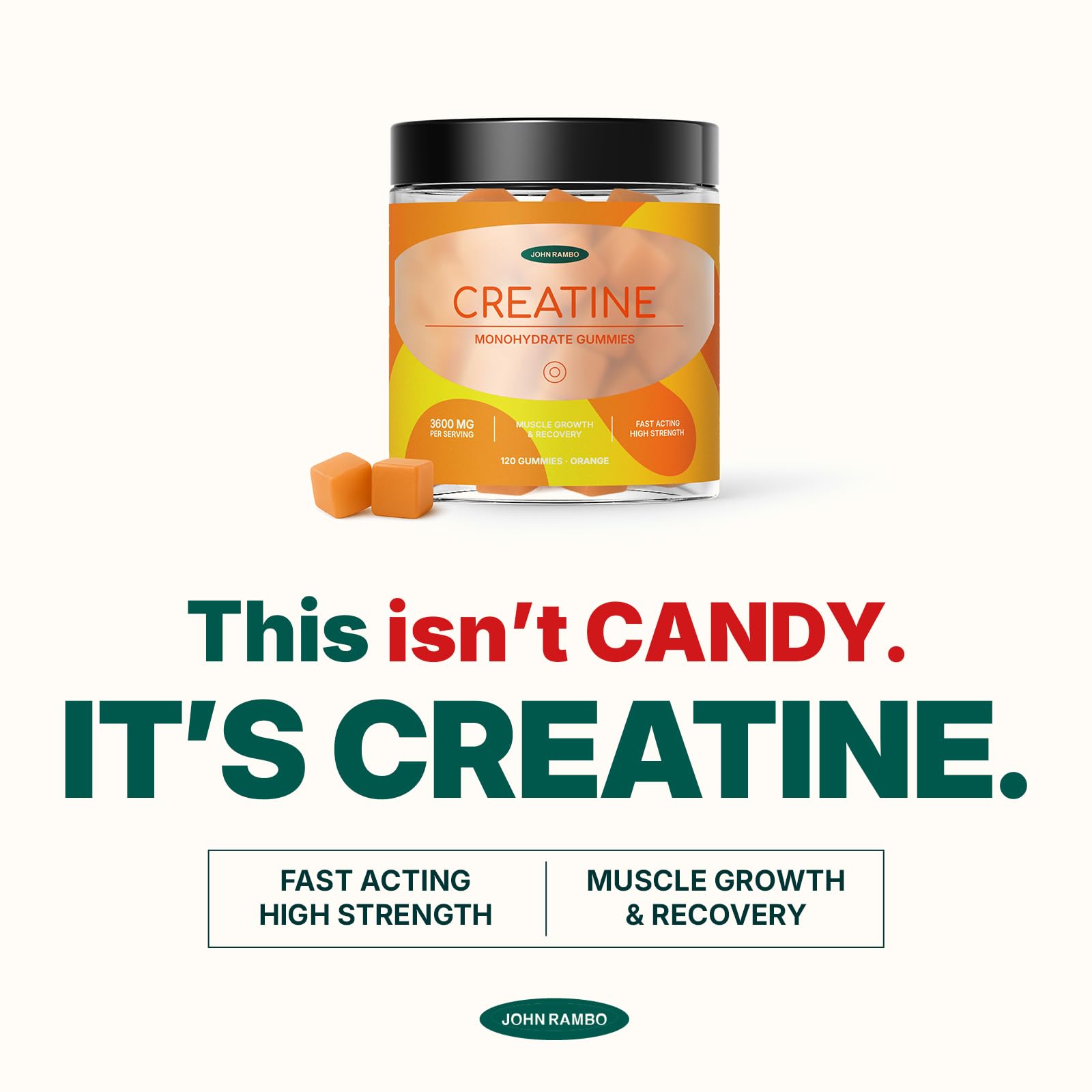 JOHN RAMBO Creatine Monohydrate Gummies – 3600mg Real Creatine Per Serving – Transparent Label, Refreshing Orange Flavor, Lab-Tested Muscle & Strength Supplement JOHN RAMBO uk supplements