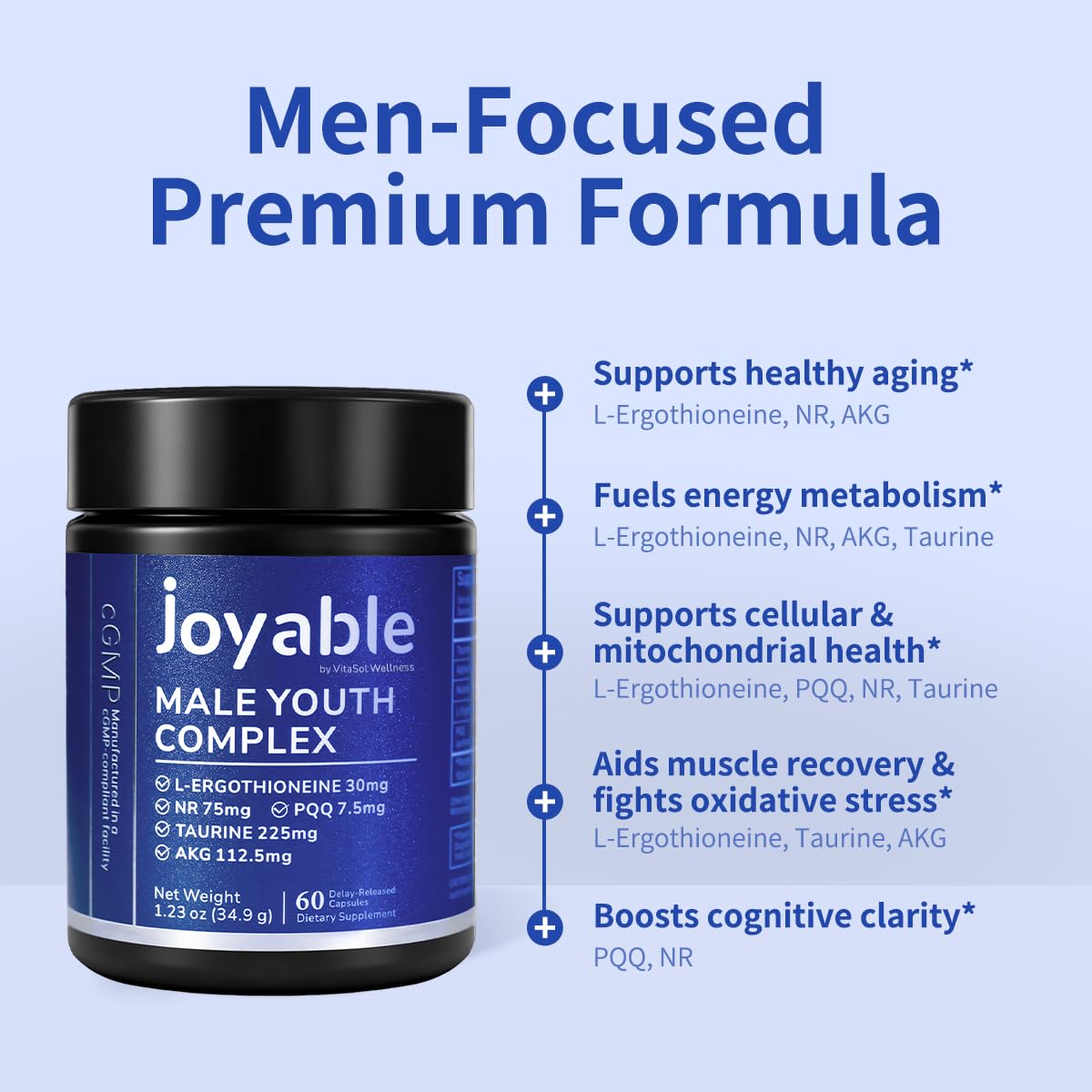 joyable by VitaSol Wellness - Male Youth Complex – Cellular Energy & Healthy Aging Support Supplement with NR, PQQ & Ergothioneine | 60 Capsules joyable by VitaSol Wellness uk supplements