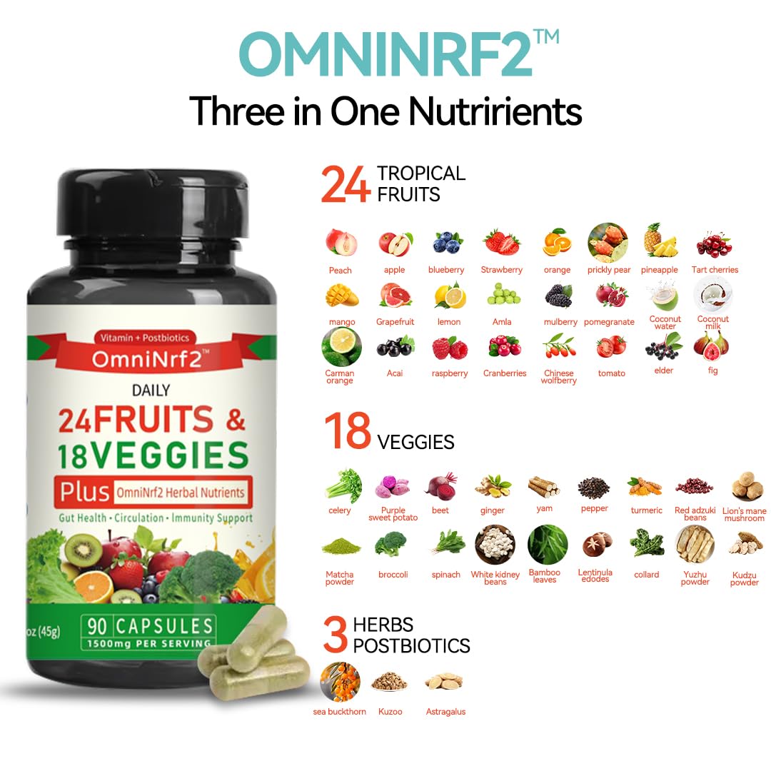 OmniNrf2 Postbiotic Supplement Capsules for Gut Health, Superfood with 24 Fruits & 18 Veggies & Fermented Herbal Plants, 90 Capsules for Antioxidant Support OmniNrf2 uk supplements