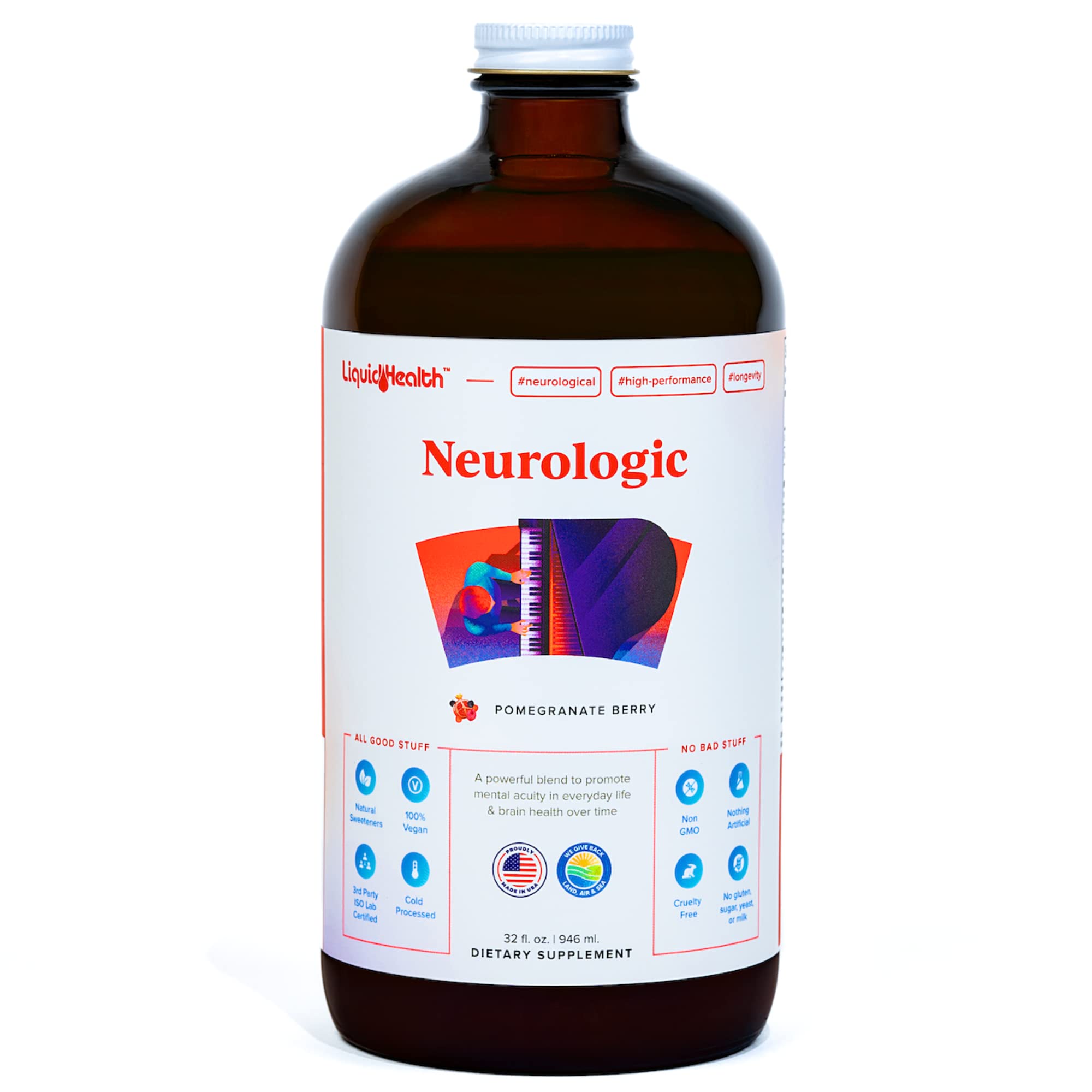 LIQUIDHEALTH Neurologic Focus Supplement - Brain Booster Nootropic Supplement for Cognitive Function, Memory & Focus with Ginkgo Biloba, Choline, L-Theanine & Phosphatidylserine - USA Made (32 oz) LIQUIDHEALTH uk supplements