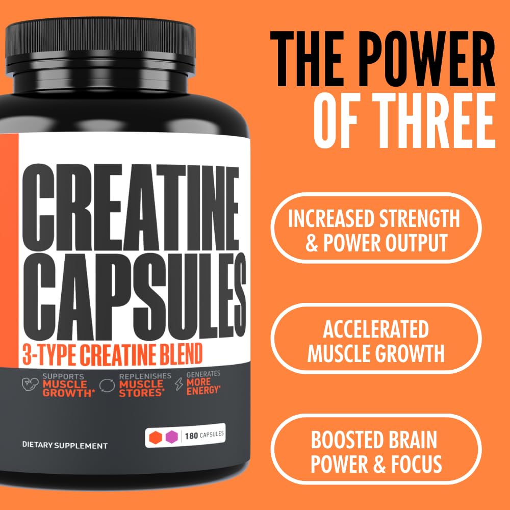 Creatine Capsules, 5g Premium 3X ThreeAtine Pre Workout Bulk Muscle Mass Gainer, High Absorption Easy to Take Creatine Monohydrate Pills Alternative Optimum Performance for Men Women, 180 Capsules Crazy Muscle uk supplements