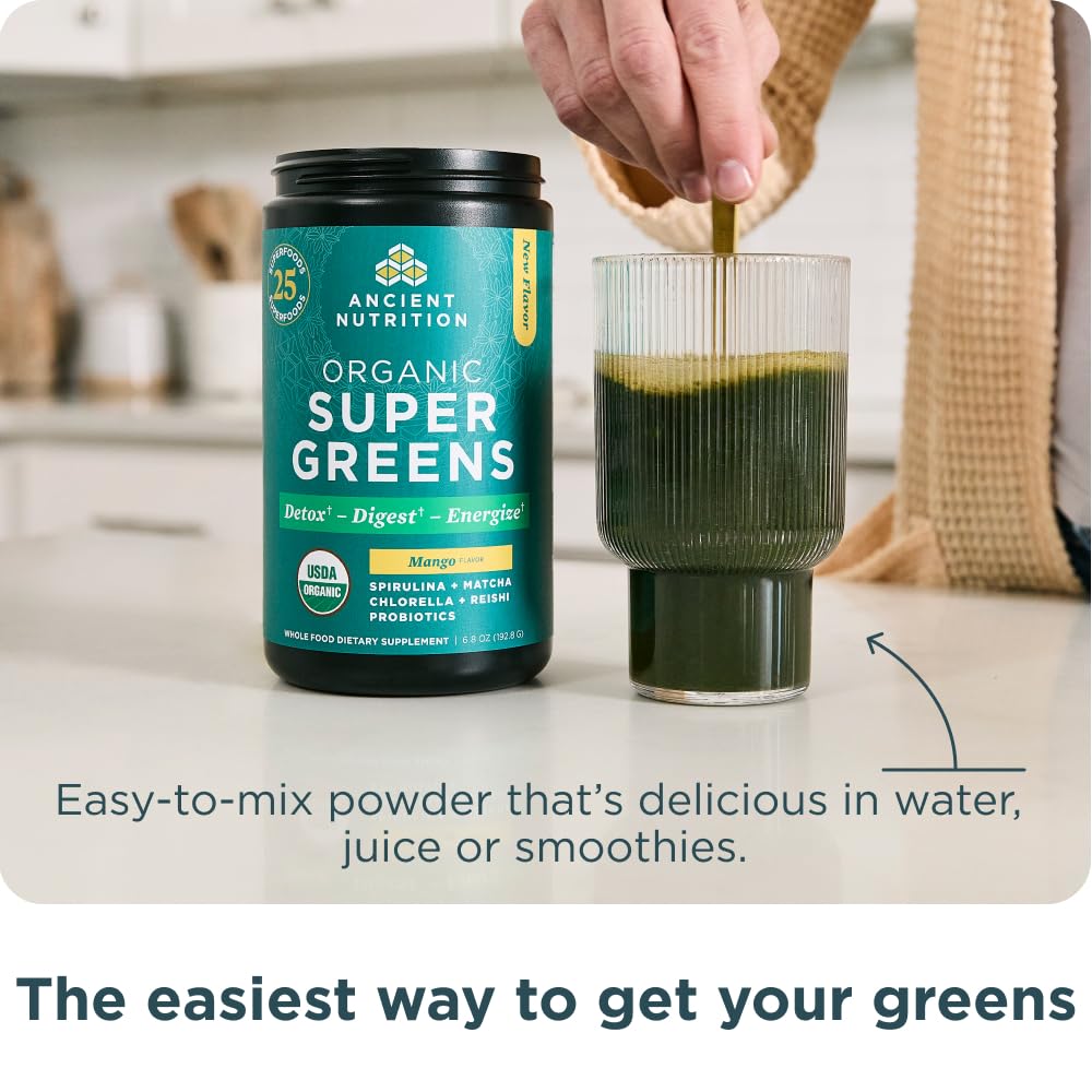 Ancient Nutrition Organic Supergreens Powder, Mango, 25 Servings + Multi Collagen Protein Powder, Vanilla, 60 Servings Ancient Nutrition uk supplements
