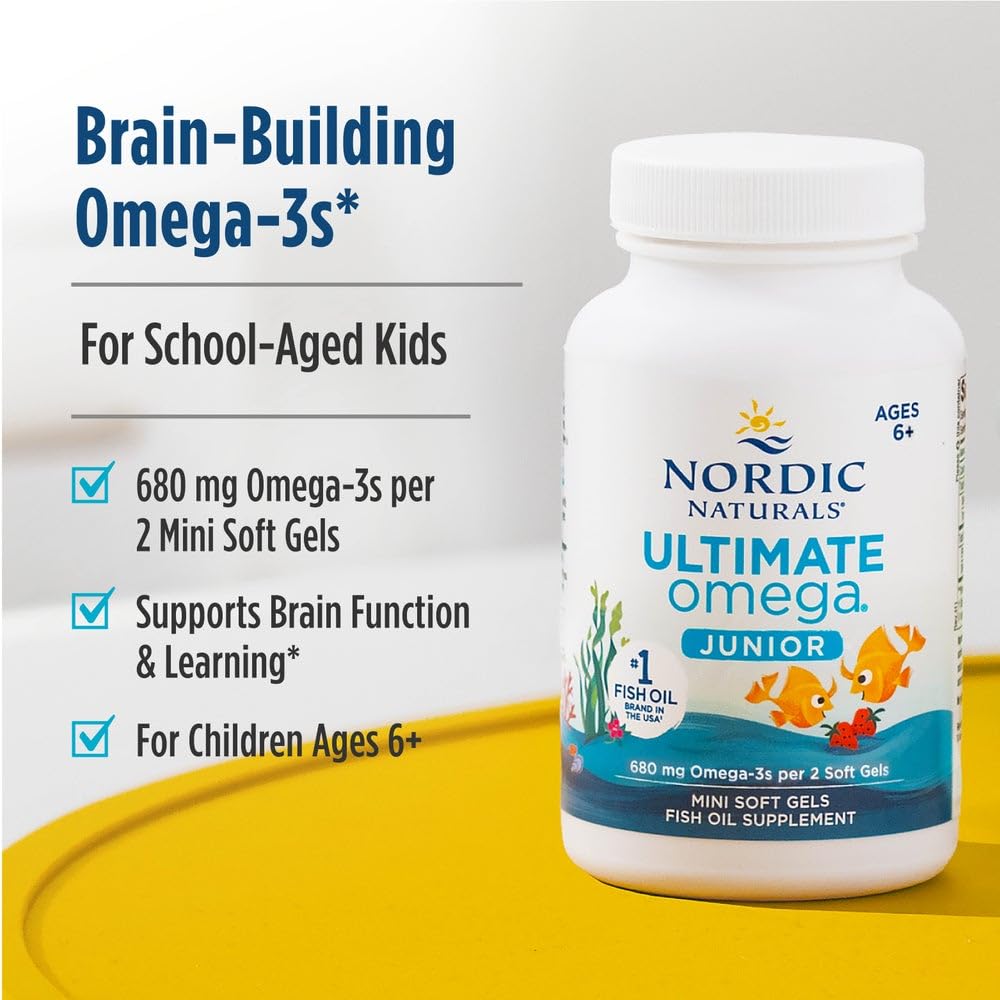 Nordic Naturals Ultimate Omega Jr., Strawberry - 120 Mini Soft Gels - 680 Total Omega-3s with EPA & DHA - Brain Health, Mood, Learning - Non-GMO - 60 Servings Nordic Naturals uk supplements