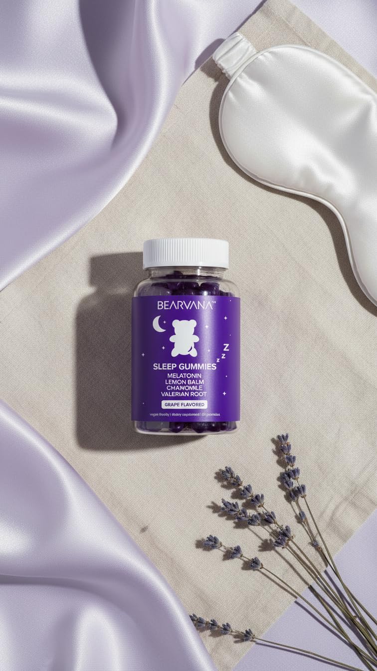 BEARVANA Sleep Gummies with Melatonin | Grape Flavored Vegan Sleep Supplement with Lemon Balm, Chamomile & Valerian Root | Night time Relaxation & Rest Support | 60 Gummies BEARVANA uk supplements