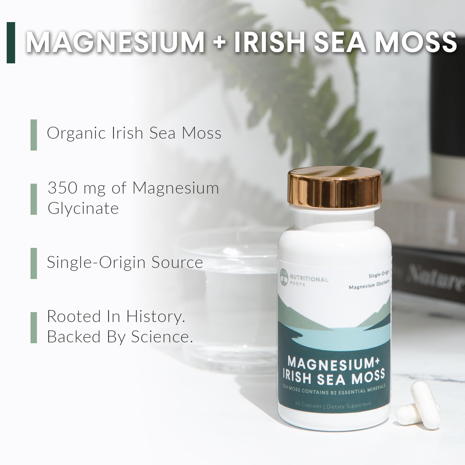 Nutritional Roots - Magnesium + Irish Sea Moss - 350mg Magnesium Glycinate & Organic Irish Sea Moss - Essential Minerals - Supports Heart & Bone Health - Dietary Supplement - 30 Servings - 60 Capsules Nutritional Roots uk supplements