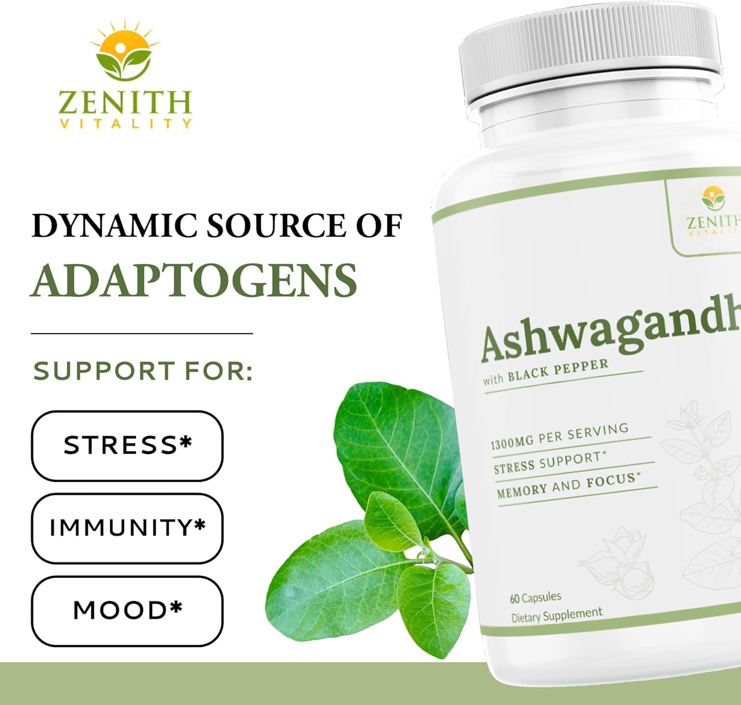 Zenith Vitality Ashwagandha 1300mg Capsules – Stress Relief & Cortisol Support, Immune & Energy Boost, Mental Clarity, Herbal Adaptogen Supplement – 60 Count Zenith Vitality uk supplements