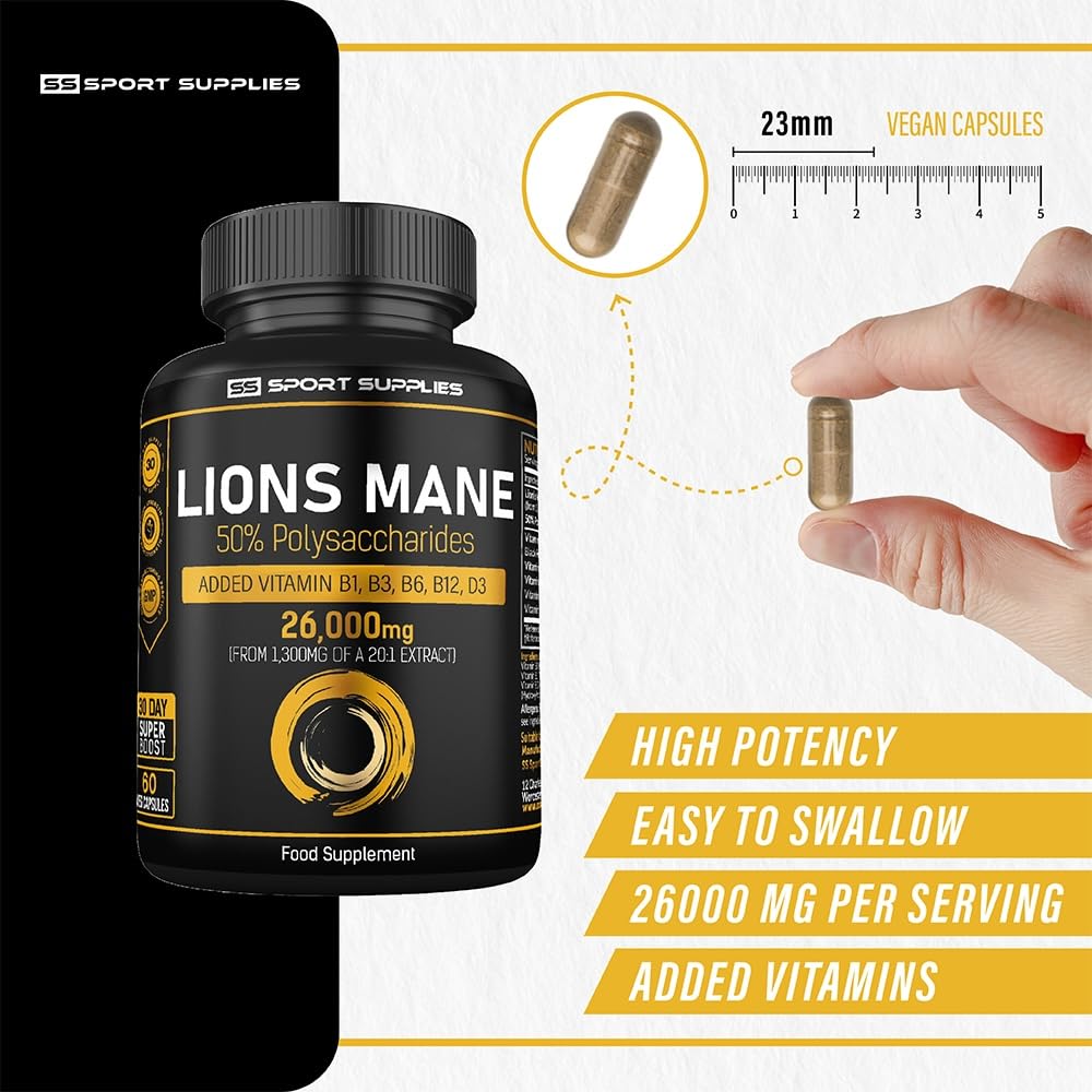 Lions Mane Supplement High Strength 26,000mg Plus 5 Vitamins SS Sport Supplies uk supplements