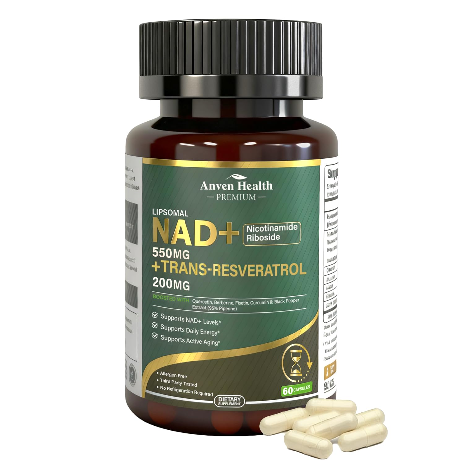 Anven Health Liposomal NAD+ Resveratrol Supplement - NMN Alternative with Trans-Resveratrol, Quercetin & Fisetin - NAD Plus for Women and Men, Cellular Energy & Healthy Aging, Non-GMO | 180 Capsules Anven Health uk supplements