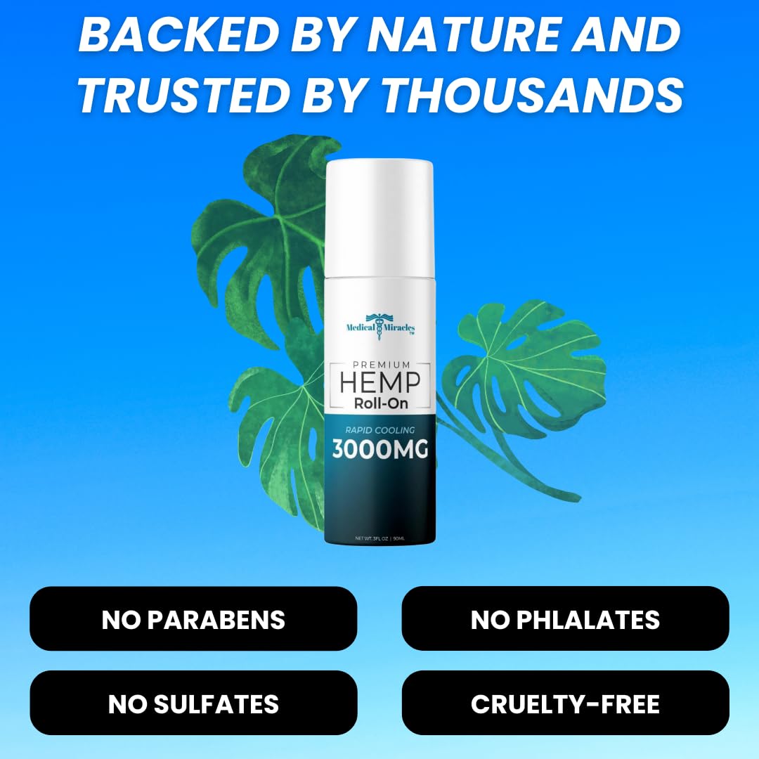 Medical Miracles New Hemp Oil Roll On - Ideal for Muscles, Hips, Joints, Neck, Back, Elbows, Fingers, Hands, and Knees (3000mg Roll-On) Medical Miracles uk supplements