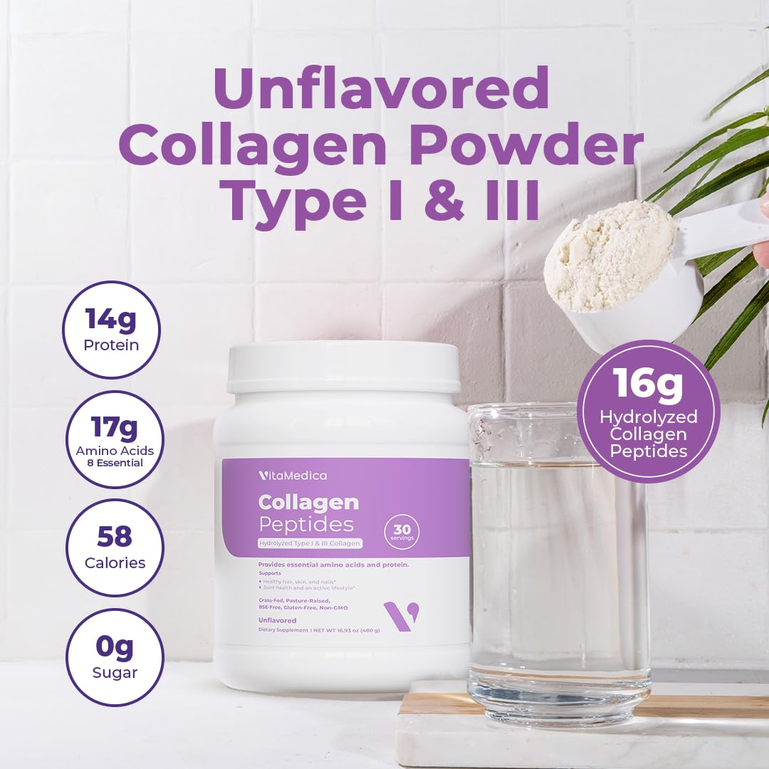 VitaMedica Collagen Peptides Powder for Women & Men - Healthy Hair, Skin, Nails, Bones and Joints - Hydrolyzed Types I & III, Grass-Fed, Pasture-Raised Protein, Zero Sugar - 30 Servings VitaMedica uk supplements