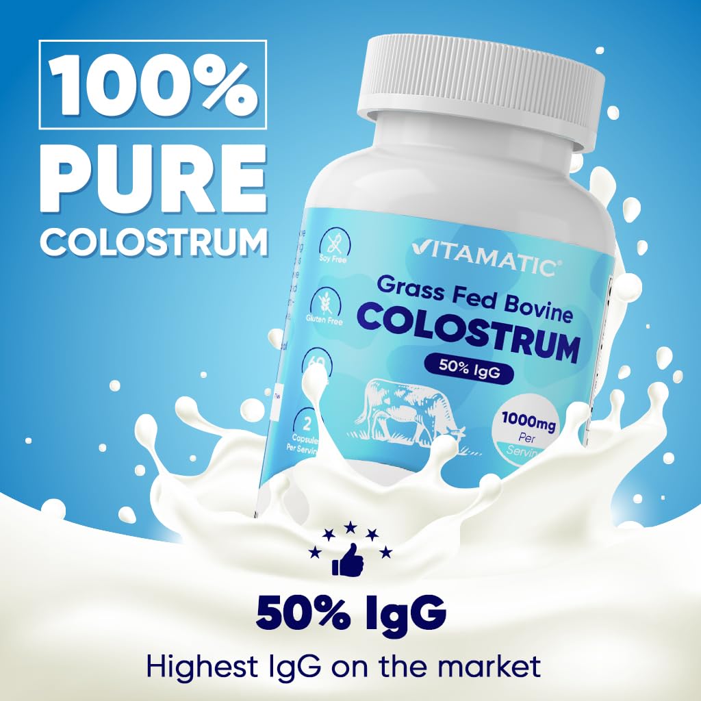 Vitamatic Bovine Colostrum Supplement 1000 mg per Serving - 50% Highest IgG - Supplement for Gut Health, Hair Growth, Beauty, Muscle Recovery, & Immune Support - 120 Capsules Vitamatic uk supplements