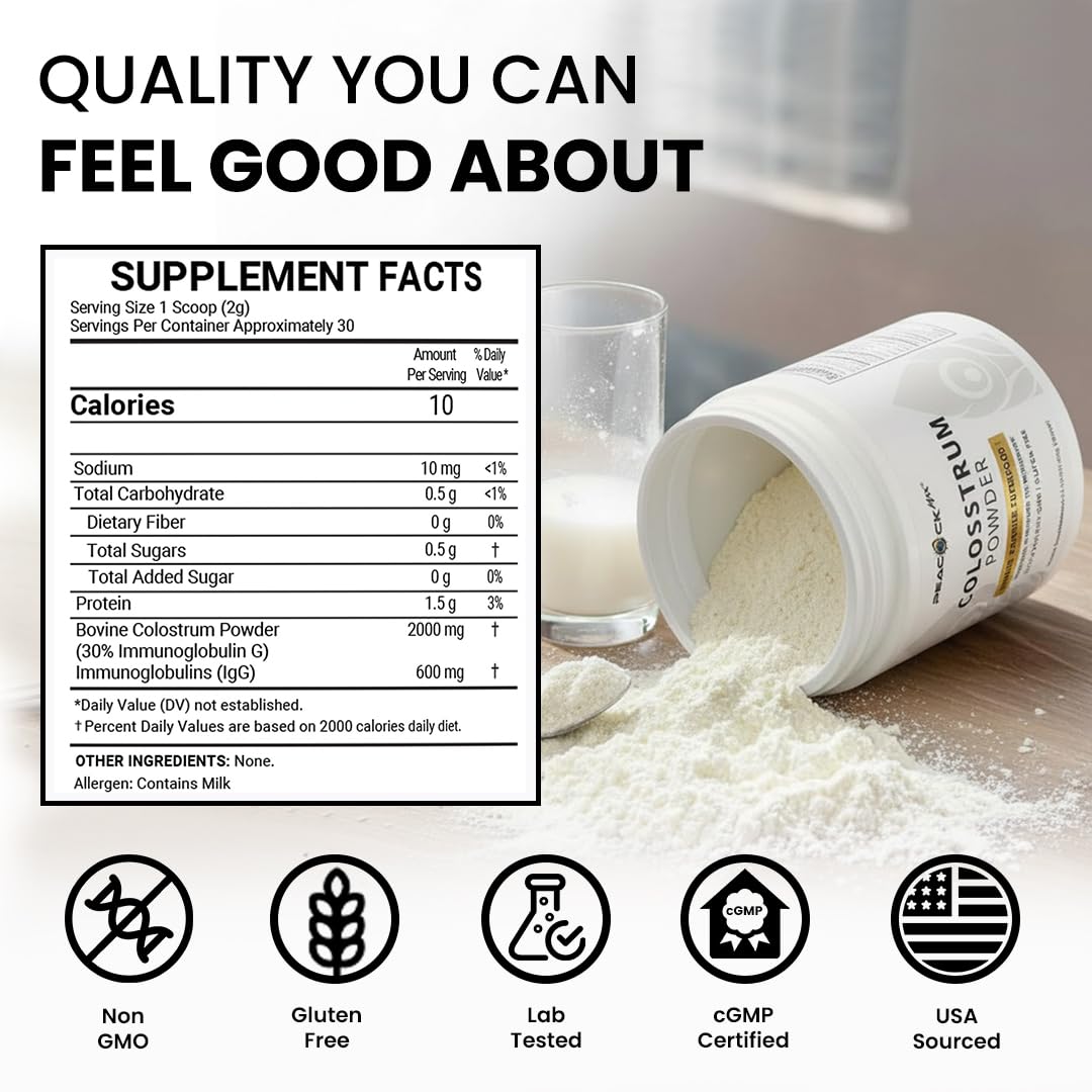 Peacock Max Colostrum Powder – 60g (30 Servings), Unflavored Bovine Colostrum Supplement, Superfood for Hair, Skin & Gut Health, Gluten-Free, Non-GMO Peacock Max uk supplements