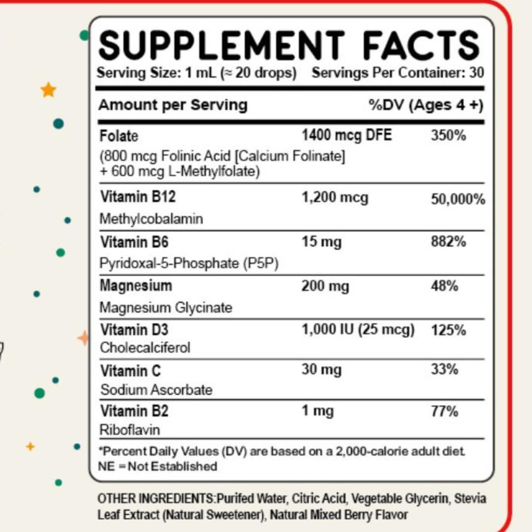 Folinic Acid Drops Kids 800 mcg + L-Methylfolate + B12 +P5P B6 Gentle Methylation Great Taste, Magnesium Glycinate, Vitamin D3 & C Folate Support for Brain,Focus, Mood & Cellular Health 5-MTHF Drops True reflectionz uk supplements