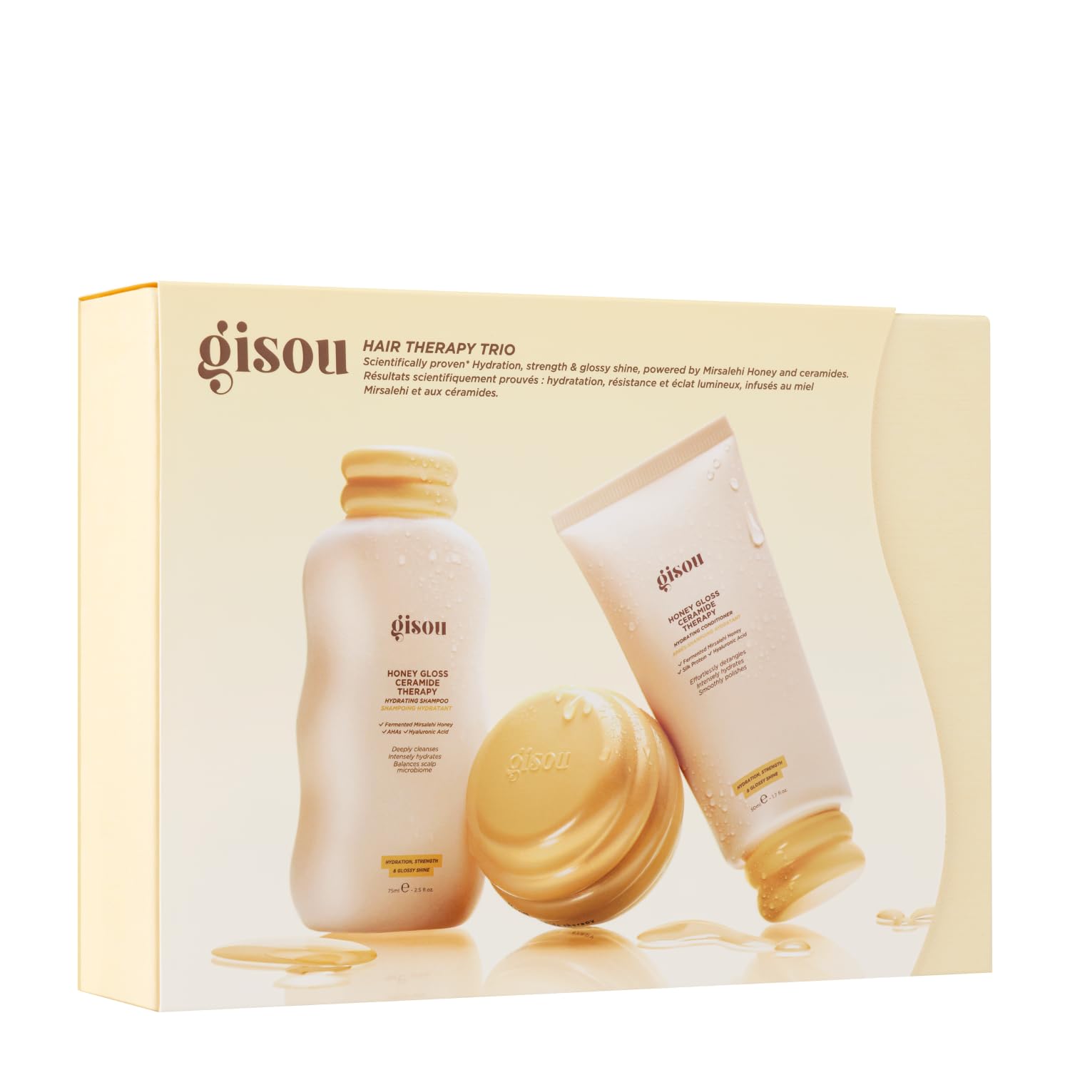 Gisou Honey Gloss Hair Therapy Trio - Mini Shampoo, Hair Mask and Conditioner for smoother, stronger and glossier hair Gisou uk supplements