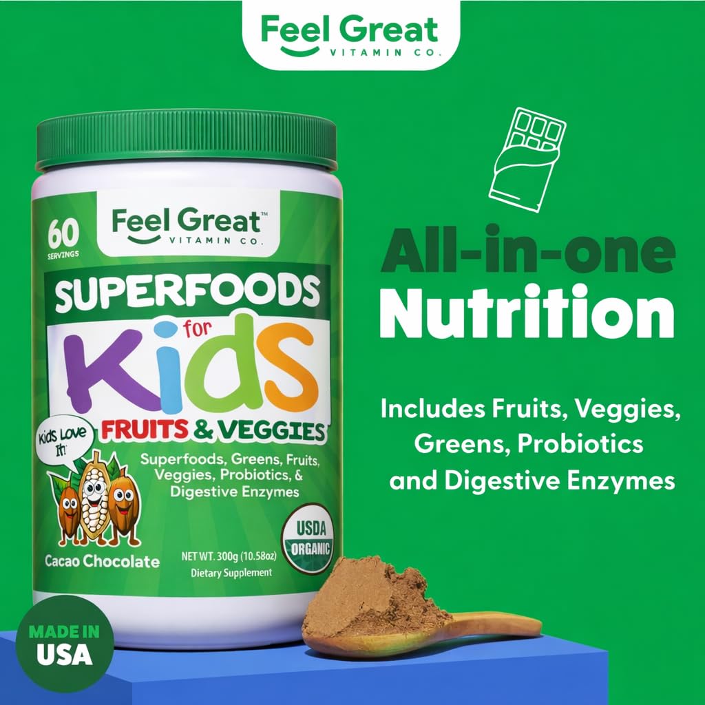 Feel Great USDA Organic Super Greens Powder for Kids - Cocao Chocolate | Fruit & Veggie Supplement | Superfood Powder with Probiotics & Digestive Enzymes for Digestive Health | 60 Days Supply The Feel Great Vitamin Company uk supplements