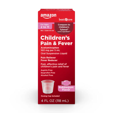 Amazon Basic Care Children's Pain Reliever and Fever Reducer, Acetaminophen 160 mg per 5 ml, Bubblegum Flavor, for Headache and Sore Throat, Ages 2-11 Years, 4 fl oz Amazon Basic Care uk supplements