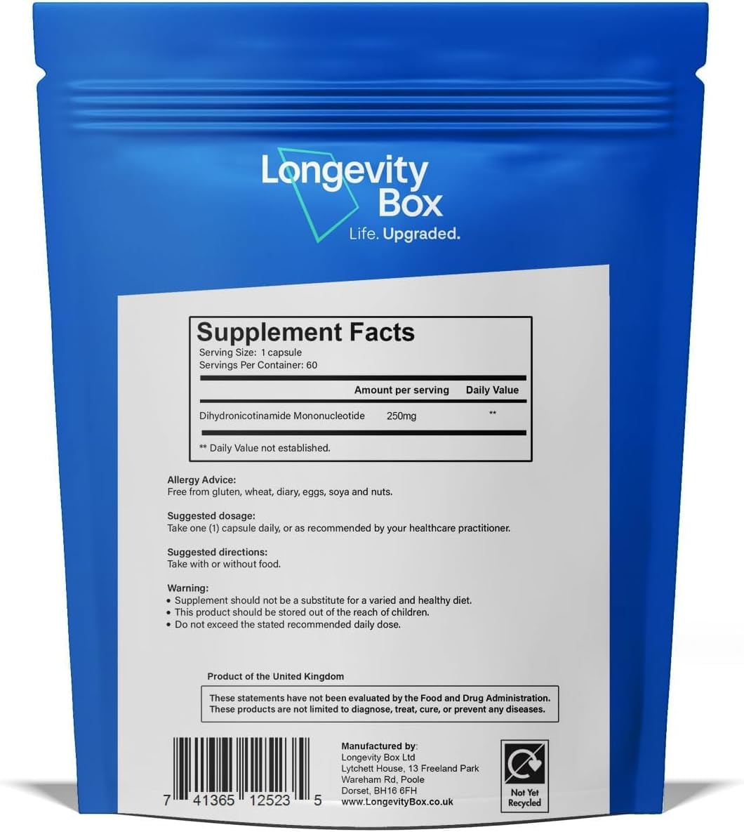 Longevity Box NMNH NMN Alternativen 250mg - 5X More Potent Dihydronicotinamide Mononucleotide NAD+ Booster for Peak Cellular Energy, DNA Repair & Healthy Aging - 60 Advanced Capsules Longevity Box uk supplements