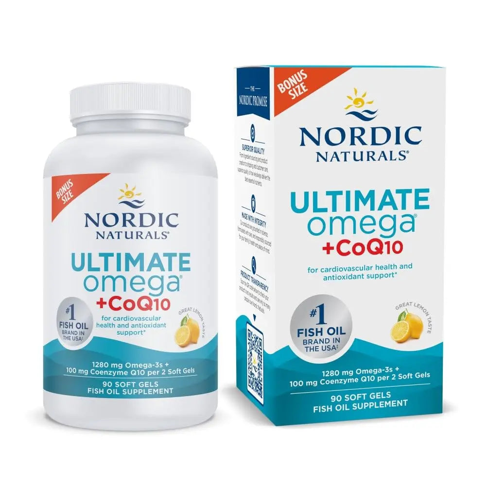 Nordic Naturals Ultimate Omega + CoQ10, Lemon - 90 Soft Gels - 1280 mg Omega-3 + 100 mg CoQ10 - Heart Health, Cellular Energy, Antioxidant Support - Non-GMO - 45 Servings Nordic Naturals uk supplements